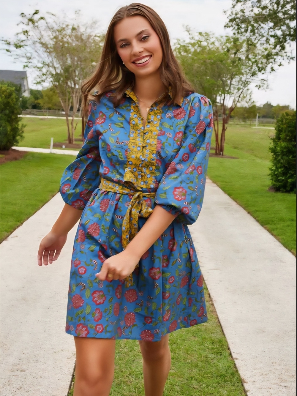 Hermoza Blue Floral Tie-Waist Mini Dress with Yellow Trim